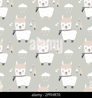 Nahtloses Muster mit niedlichen Doodle-Lamas. Texturhintergrund im skandinavischen Stil. Poster, kindische Druckvorlage. Vektordarstellung Stock Vektor