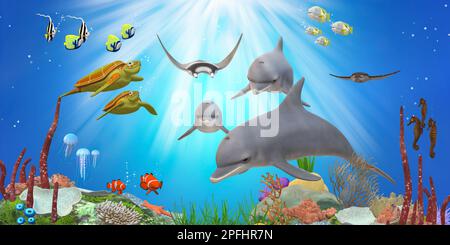 Illustration der Unterwasserwelt mit Delfinen und tropischen Fischen. Stockfoto