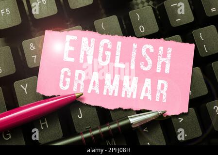 Textbeschriftung mit englischer Grammatik. Word für Kurse decken alle Ebenen des englischen Sprech- und Schreibens ab Stockfoto