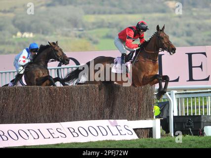 Boodles Cheltenham Gold Cup Ahoy Senor geritten von Derek Fox führt auf der zweiten Rennstrecke in Cheltenham Racecourse am 4. Tag des Finales an Stockfoto