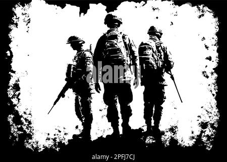 Silhouetten von 3 Soldaten auf dem Schlachtfeld Stock Vektor
