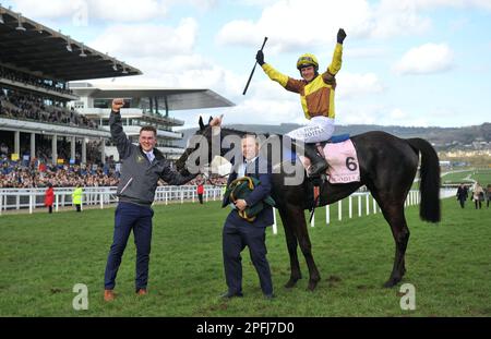 Galopin des Champs, Gewinner des Gold Cup-Rennens von Boodles Cheltenham, reitet von Paul Townend, nachdem er das Rennen auf dem ersten Platz in Chelten beendet hat Stockfoto