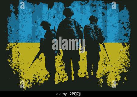 Silhouetten von 3 Soldaten vor dem Hintergrund der ukrainischen Flagge Stock Vektor