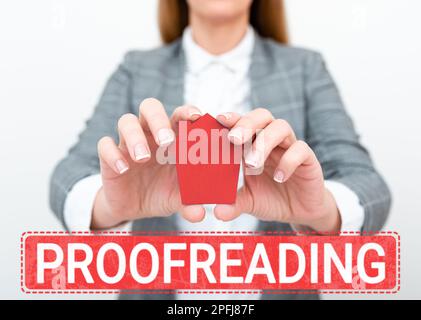 Textzeichen, das Korrekturlesen anzeigt. Internetbegriff von Rechtschreibfehler, Grammatik- und Syntaxfehlern Stockfoto