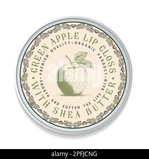 Grüne Apfellippen Balm Vintage-Etikettenverpackung, runde Form. Ideal für Pakete, Anhänger, Aufkleber usw. Perfekt für Ihr Unternehmen. Schlichter Stil Stock Vektor