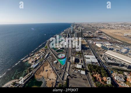 Jeddah, Saudi-Arabien. 17. März 2023. Die Strecke vom Himmel aus während der Formel 1 STC Saudi-Arabian Grand Prix 2023, 2. Runde der Formel-1-Weltmeisterschaft 2023 vom 17. Bis 19. März 2023 auf der Jeddah Corniche Circuit in Jeddah, Saudi-Arabien - Foto DPPI Credit: DPPI Media/Alamy Live News Stockfoto