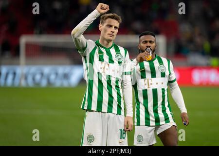 Budapest, Ungarn. 16h, März 2023. Kristoffer Zachariassen (16) von Ferencvaros nach dem Spiel der UEFA Europa League zwischen Ferencvaros und Bayer Leverkusen in der Groupama Arena in Budapest. (Foto: Gonzales Photo - Balazs Popal). Stockfoto