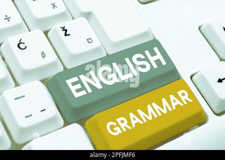 Textbeschriftung mit englischer Grammatik. Die Kurse zum Geschäftsansatz decken alle Ebenen der englischen Sprache und des Schreibens ab Stockfoto