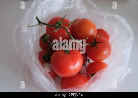 Einige faule Tomaten und einige unberührte Tomaten befinden sich in einem durchsichtigen Plastikbeutel auf einer weißen Küchenarbeitsfläche. Stockfoto