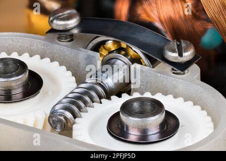 Stahlschneckenschraube, weiße Kunststoffzahnräder oder Kugellager im Lagerblock mit Stahlblattfeder. Nahaufnahme des Mechanismus im Elektromotorgetriebe. Stockfoto