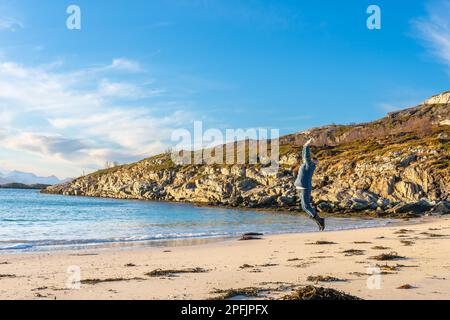 Glückliche Frau am Ufer des Nordatlantiks, an einem knappen Wintertag, ohne Schnee an der Küste. Stürmisches Wetter mit Inseln in Hillesøya, Norwegen Stockfoto