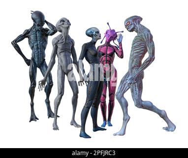 3D Darstellung einer Gruppe von fünf Außerirdischen in verschiedenen Posen auf weißem Hintergrund. Stockfoto