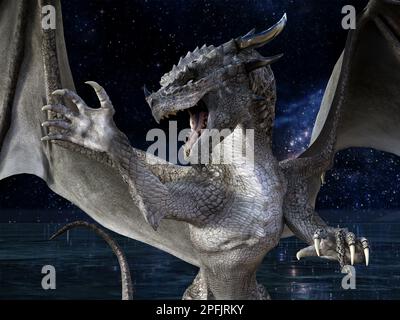 3D Abbildung eines knurrenden grauen Drachen mit gespreizten Flügeln und Krallen vor einem Hintergrund aus Eis und einem dunklen Nachthimmel. Stockfoto