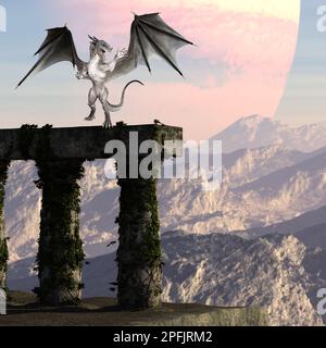3D Abbildung eines wütenden grauen Drachen mit gespreizten Flügeln, der auf einer antiken Ruine steht, mit einem Exoplanet, das sich hinter Bergen im Bach erhebt Stockfoto