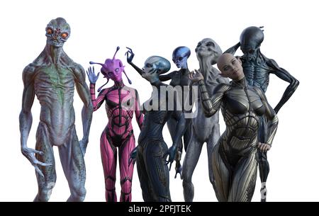3D Illustration einer Gruppe von sieben einzigartigen Außerirdischen in verschiedenen Posen auf weißem Hintergrund. Stockfoto