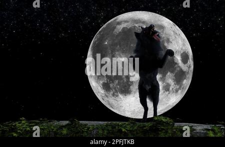 3D Abbildung eines schwarzen Wolfs auf Hinterbeinen mit der Zunge vor einem aufsteigenden Vollmond. Stockfoto