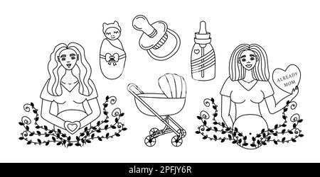 Schwangerschaft und Mutterschaft, schwarz-weißes Doodle-Set Stock Vektor