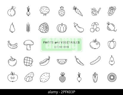 Obst und Gemüse, 32 niedliche Linienvektorsymbole Stock Vektor