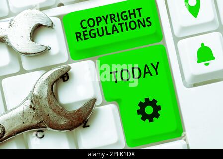 Textzeichen mit Copyright-Bestimmungen. Wort für Wort, Gesetz, das die Originalwerke der Urheberschaft regelt Stockfoto