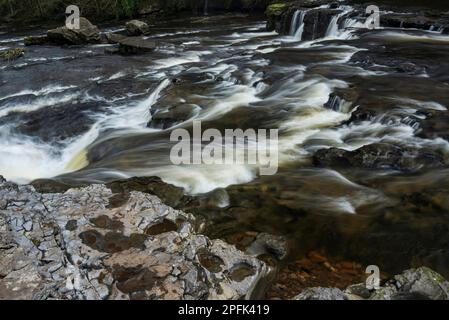 Wunderschönes, friedliches Landschaftsbild der Aysgarth Falls in Yorkshire Dales in England am Wintermorgen Stockfoto