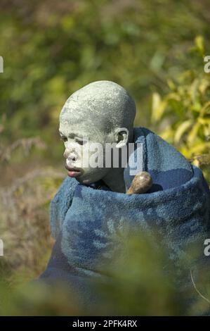 AmaPondo (Xhosa) Junge, eingewickelt in Teppiche mit weißem Lehm (I-Futa) im Gesicht, nach Beschneidung (uku-Lukwa) und nach Beendigung der Initiation, Abgeschiedenheit Stockfoto