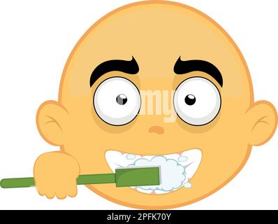 vektordarstellung Emoticon-Gesicht einer Zeichentrickfigur in gelber Farbe, die ihre Zähne mit einer Zahnbürste putzt Stock Vektor