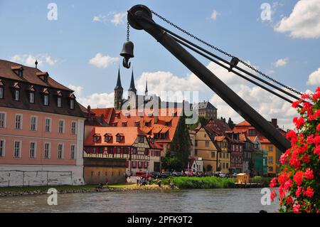 Fachwerkhaus, Regnitz, Kathedrale, Kran, Bamberg, bischofsstadt, Oberfrankreich, Deutschland Stockfoto