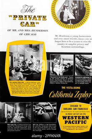 Vista-Dome California Zephyr – Anzeige im Westpazifik in einer Zeitschrift in NatGeo, november 1956 Stockfoto