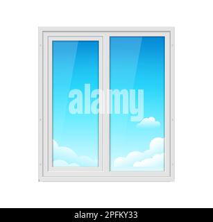 Fensterrahmen aus Kunststoff im Haus. Vektorglas-Plastikfenster geschlossenes Büro innen Illustration, blauer Himmel draußen Stock Vektor