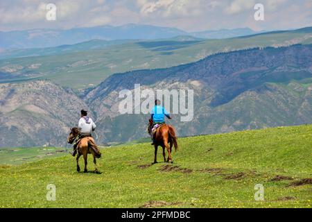 Qiongkushtai in Xinjiang, ein kleines kasachisches Dorf mit einem riesigen Grasland und gemütlichen Pferden und Schafen. Stockfoto