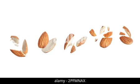 Leckere Mandelstücke auf weißem Hintergrund Stockfoto