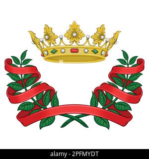 Vektordesign der königlichen Krone mit Lorbeerkranz umgeben von Band, zwei Olivenäste mit Band und goldener Krone Stock Vektor