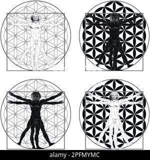 Vektor-Design von Vitruvian man von Leonardo da Vinci mit Blume des Lebens Hintergrund Stock Vektor