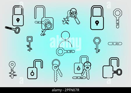 Verriegeln Sie die Türsymbole Schlüsselsymbole Legen Sie die Silhouette für die dekorative abstrakte Hintergrundvektordarstellung fest Stock Vektor