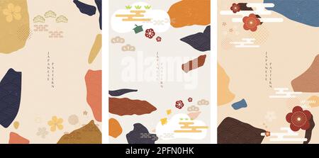 Japanischer Hintergrundvektor. Blumensymbol mit Terrazzo-Mustervektor. ozean-, Wellen- und Wolkensymbol im asiatischen Stil Stock Vektor