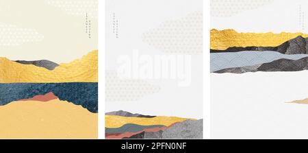 Natürlicher Landschaftshintergrund mit japanischem Wellenmustervektor. Vorlage für Bergwälder mit goldener Textur. Abstrakte Kunsttapete. Stock Vektor