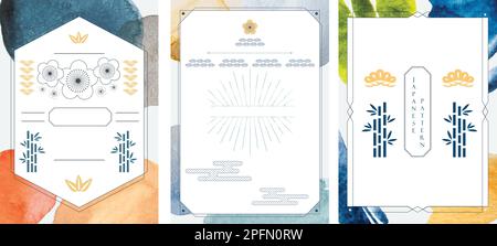 Japanisches Muster und Symbolvektor. Orientalische Unkrautjäter-Einladung und Rahmenhintergrund. Geometrisches Muster und Pinselstriche in Aquarellfarben. Abstrac Stock Vektor