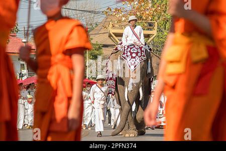 Mönche und Elefanten, Bestattungszug aus Wat Phra Singh, Chiang Mai, Thailand Stockfoto