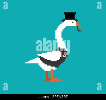 Gänse Aristokrat Pixel Art. 8 Bit Gans im Hut und mit Rauchpfeife. Verpixelte Vektordarstellung Stock Vektor