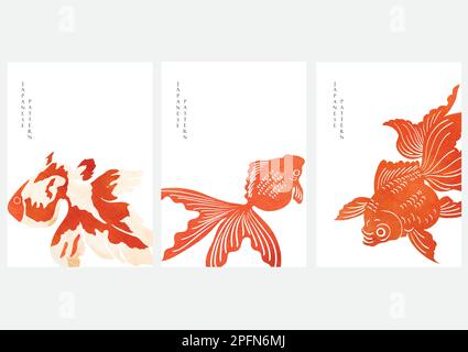 Koi-Fischhintergrund mit rotem Aquarell-Texturvektor. Japanisches Wellenmuster mit traditionellem asiatischem Bannerdesign im Vintage-Stil. Stock Vektor