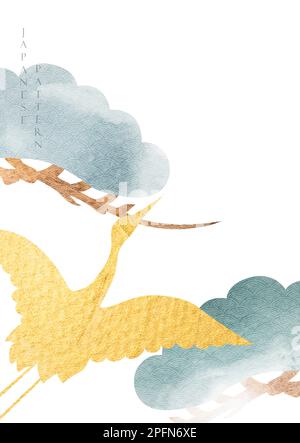 Kranvögel und Kiefernbäume mit Aquarell-Texturvektor. Orientalischer Hintergrund mit japanischem Wellenmuster im Vintage-Stil. Stock Vektor