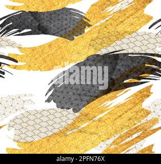 Chinesische Pinselvorlage mit goldenen und schwarzen Texturvektoren. Geometrisches Muster mit abstrakter Kunst im Vintage-Stil. Stock Vektor