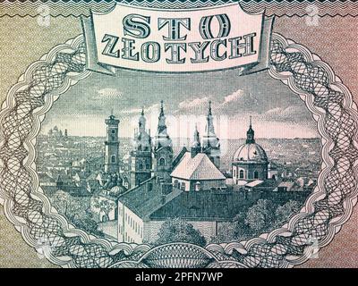 Panoramablick auf Lemberg aus der Vogelperspektive vom Geld - alter polnischer Zloty Stockfoto