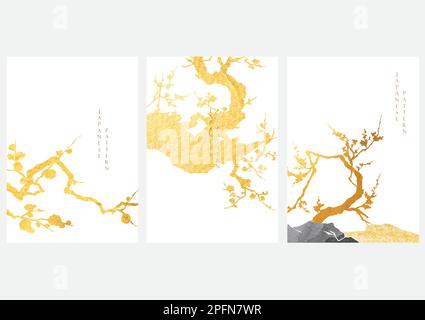 Japanischer Hintergrund mit goldenen und schwarzen Texturvektoren. Kirschblüten und chinesische Wolkendekorationen im Vintage-Stil. Vorlage für Kunstlandschaft d Stock Vektor