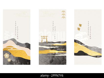 Abstrakte Landschaft mit japanischem Wellenmustervektor. Naturkunstgeschichte mit Einladungskartenvorlage für Bergwälder im Vintage-Stil. Stock Vektor