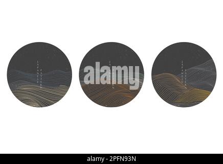 Japanischer Hintergrund mit Linienwellenmustervektor. Abstrakte Grafikvorlage mit geometrischem Muster. Berglandschaft im Vintage-Stil. Stock Vektor