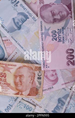 Türkische Banknoten. VERSUCH oder TL. Zahlen Makro Shot.5,10,20,200 Türkische Lira Stockfoto