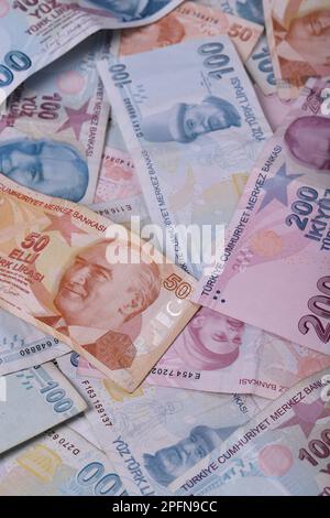 Türkische Banknoten. VERSUCH oder TL. Zahlen Makro Shot.5,10,20,200 Türkische Lira Stockfoto