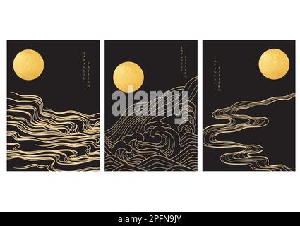 Japanischer Hintergrund mit goldener Textur im kreisförmigen Vektor. Mond- und Sonnenelement mit schwarzer abstrakter Kunstlinie. Vorlagendesign. Handgezeichnet w Stock Vektor