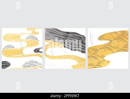 Japanischer Hintergrund mit goldenen und schwarzen Texturvektoren. Asiatische handgezeichnete Vorlage für Meereswellen und Wolken im Vintage-Stil. Stock Vektor